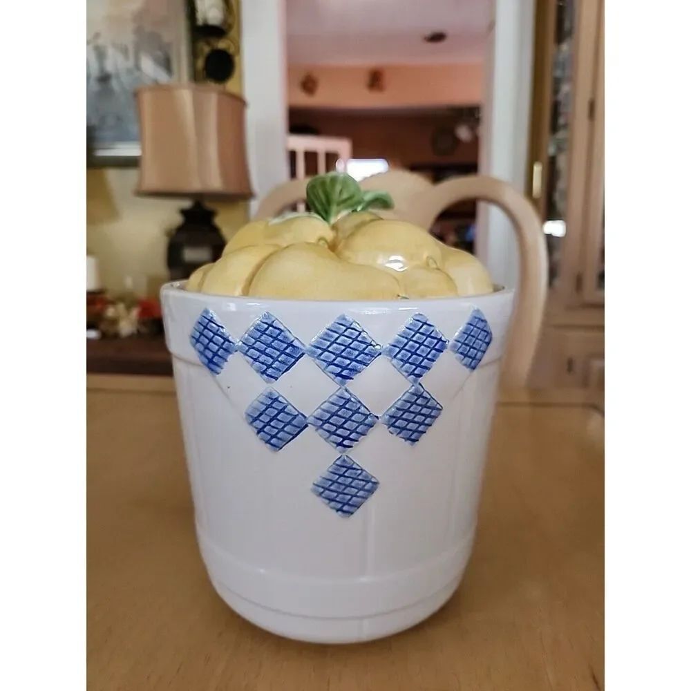 Pear Topped Canister, ceramic, blue, yellow, COLLECTIBLE!!